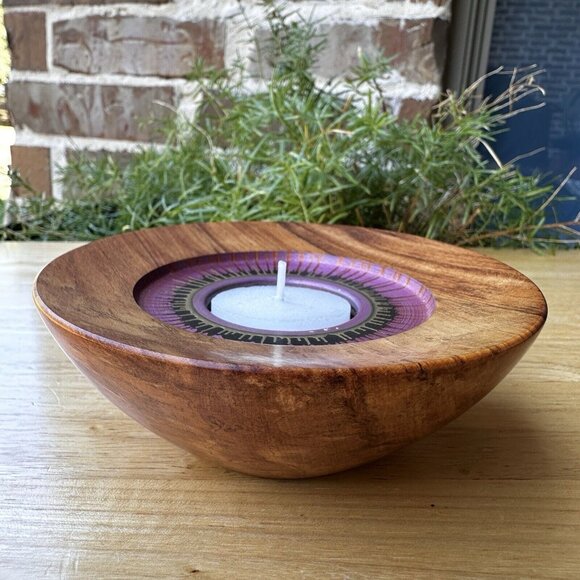 Vintage‎ New Zealand Rimu Wood Tea Light Candle Holder Signed 4.75" Diameter - Picture 3 of 10